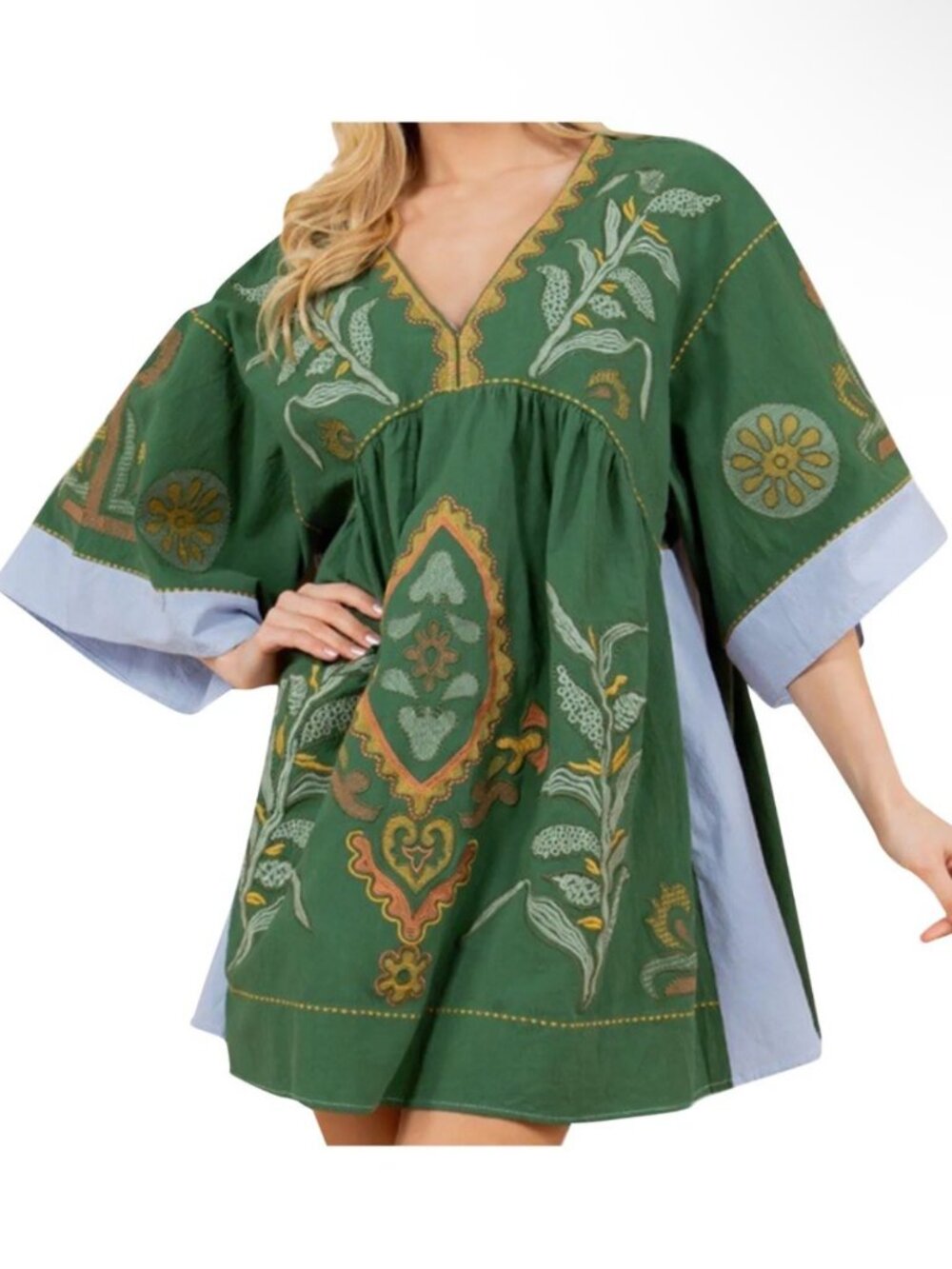 Sunday Up Green Boho Embroidered V Neck Mini Dress